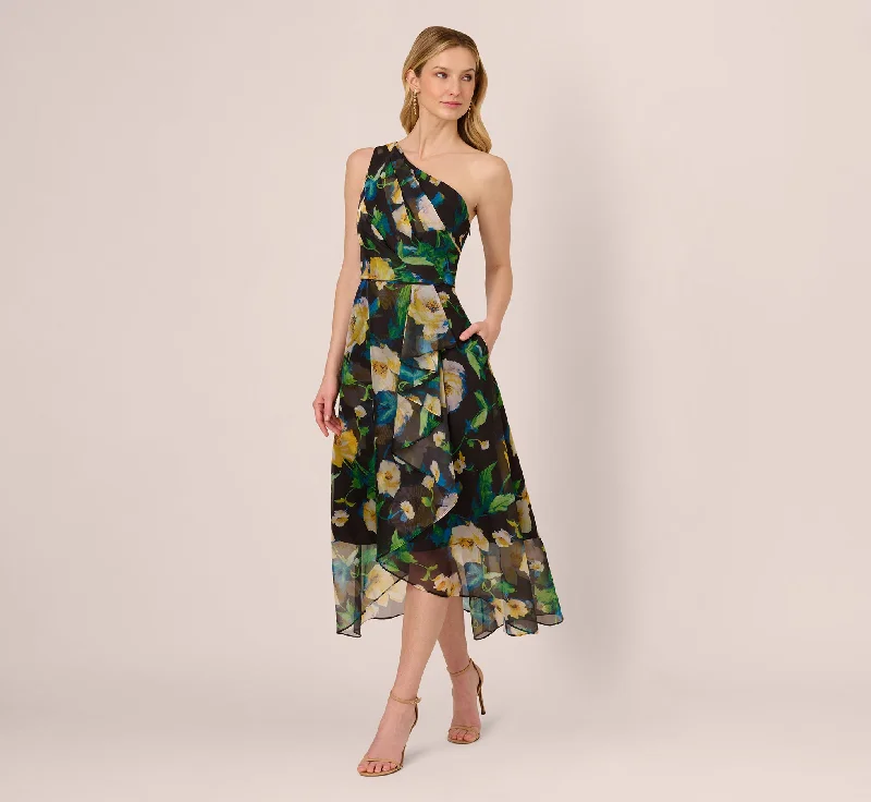 Wedding guest dresses that stand out without being too flashy -One Shoulder Floral Chiffon High Low Midi Dress In Black Yellow Multi