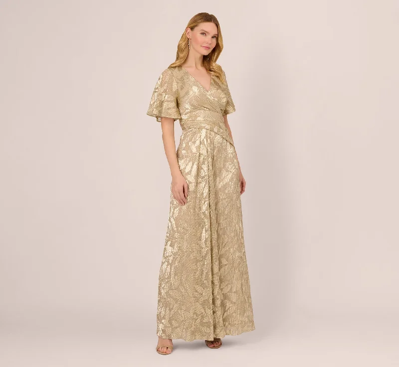formal dresses with adjustable waist ties for comfort --Foil Leaf Short Sleeve Gown With Draped Details In Champagne Gold