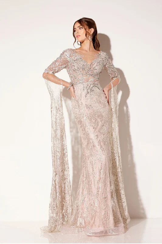 cocktail dresses with satin bows for elegant touch --Applique Fitted Long Sleeve Gown by Lucci Lu C8073