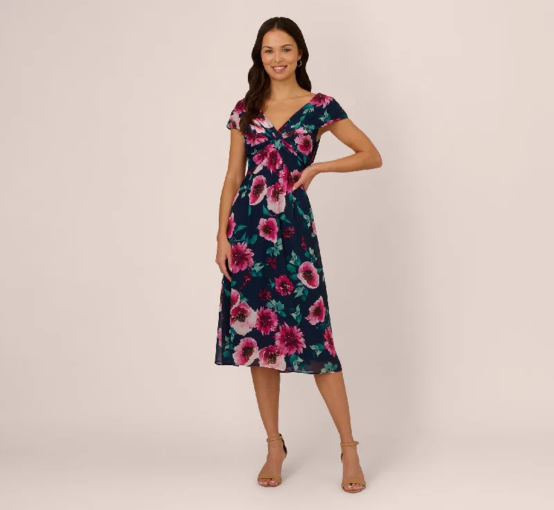 Spring dresses for evening events with a chic touch -Cap Sleeve Floral Chiffon A Line Midi Dress In Navy Pink Multi