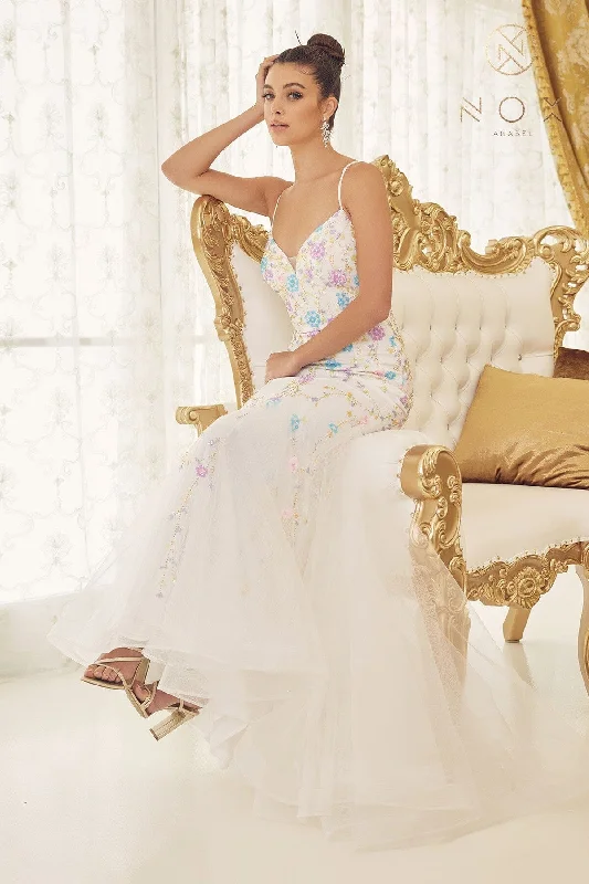 cocktail dresses with flared skirts for playful vibe --Floral Beaded V-Neck Mermaid Gown by Nox Anabel C1117