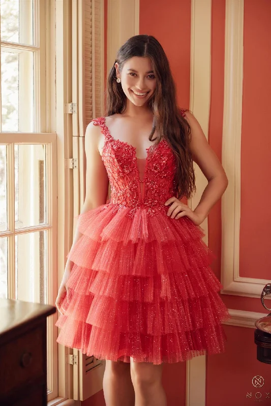 Graduation dresses for summer ceremonies with lightweight options -Applique Short Sleeveless Tiered Dress by Nox Anabel E904