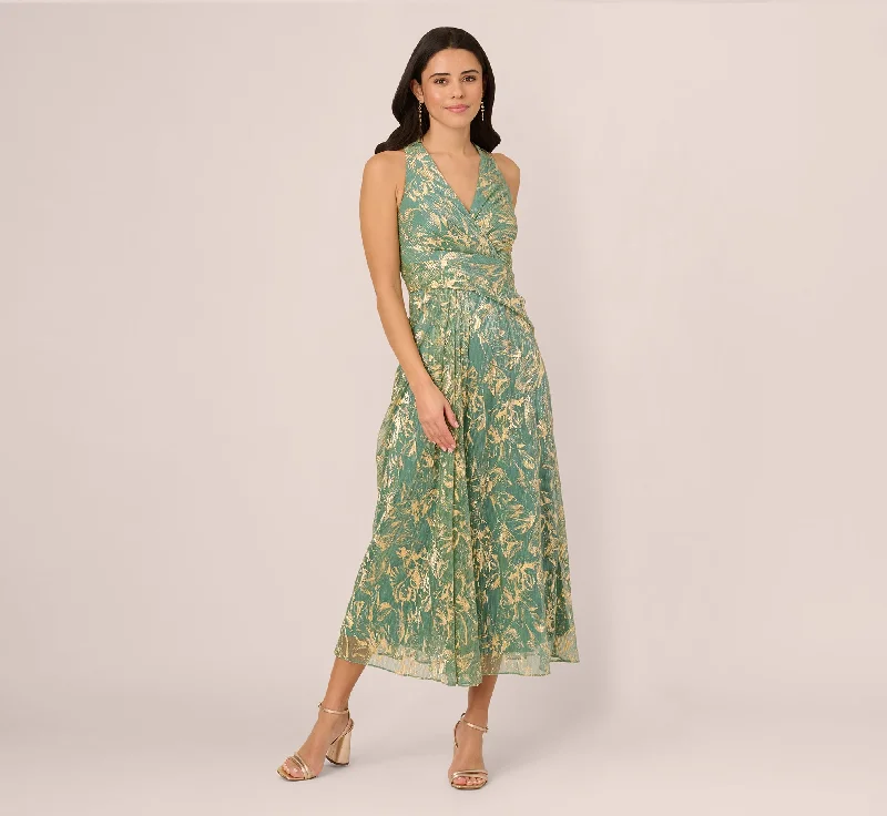 Best wedding guest dresses for destination weddings by the beach -Sleeveless Metallic Crinkle Midi Dress In Sage Gold