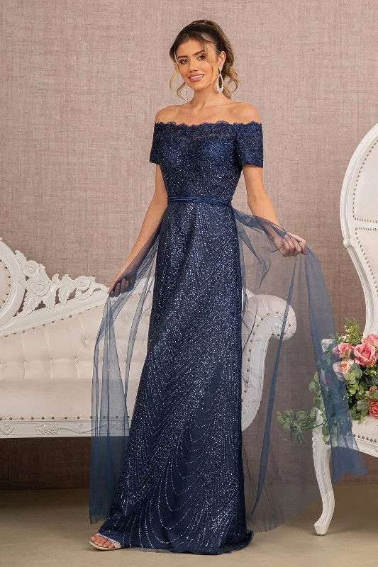 Wedding guest dresses in timeless black for every season -Long Off Shoulder Glitter Dress by Elizabeth K GL2942 - Outlet