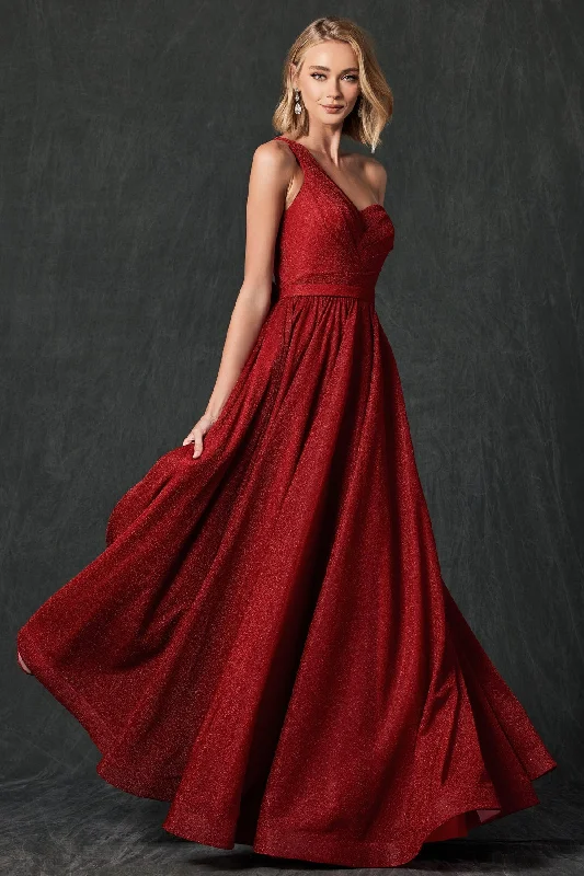 formal dresses with floral embroidery for spring occasions --Long One Shoulder Glitter Dress by Juliet 205