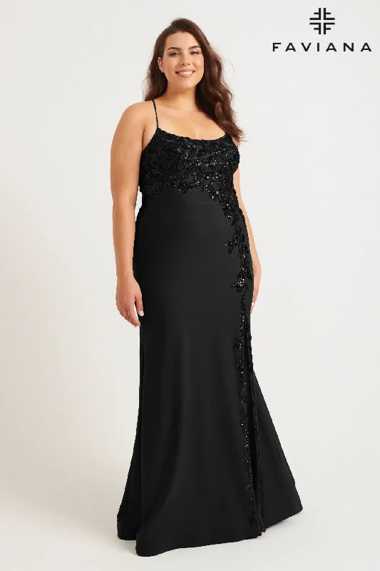 cocktail dresses with satin belts for waist definition --Plus Size Beaded Sleeveless Gown by Faviana 9570