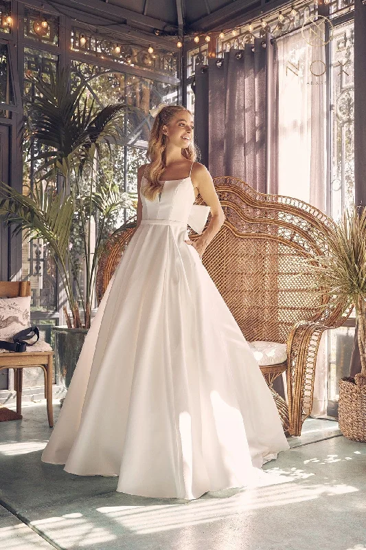 Chic white wedding guest dresses for summer events -A-line Bridal Gown with Bow Detail by Nox Anabel JE968