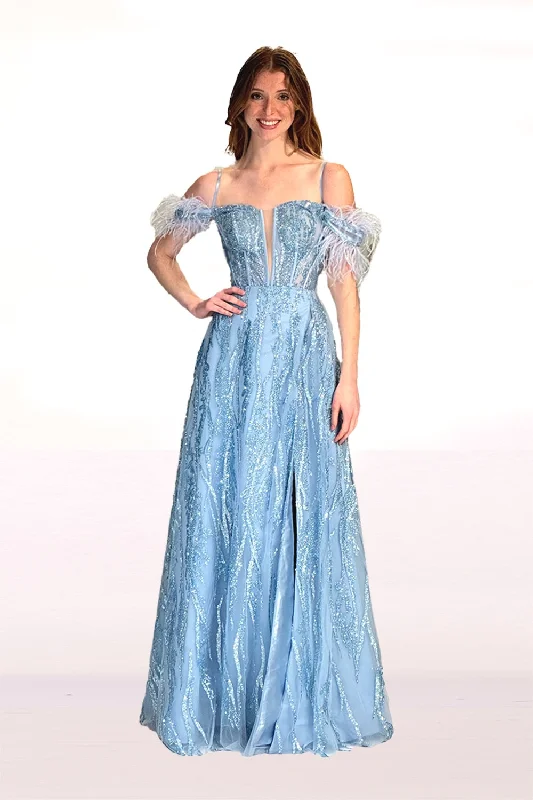 cocktail dresses with off-shoulder ruffles for feminine vibe --Glitter Feather Cold Shoulder Gown by Abby Paris 90270