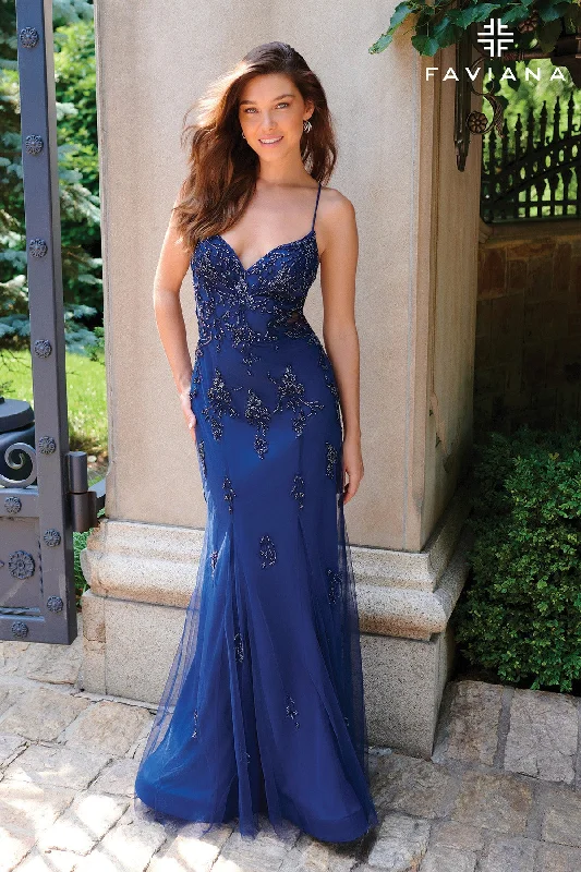 cocktail dresses with lace trims for delicate accents --Beaded Applique Sleeveless Gown by Faviana 11227