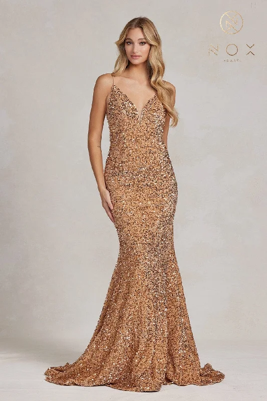Wedding guest dresses for formal and stylish events -Sequin V-Neck Mermaid Gown by Nox Anabel R1071