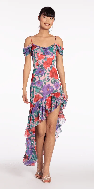 Affordable graduation dresses with trendy silhouettes -Chiffon Watercolor Tiered Asymmetrical Dress