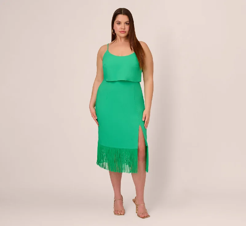 Wedding guest dresses for an upscale wedding with high fashion -Plus Size Stretch Crepe Popover Midi Dress With Fringe Hem In Summer Green