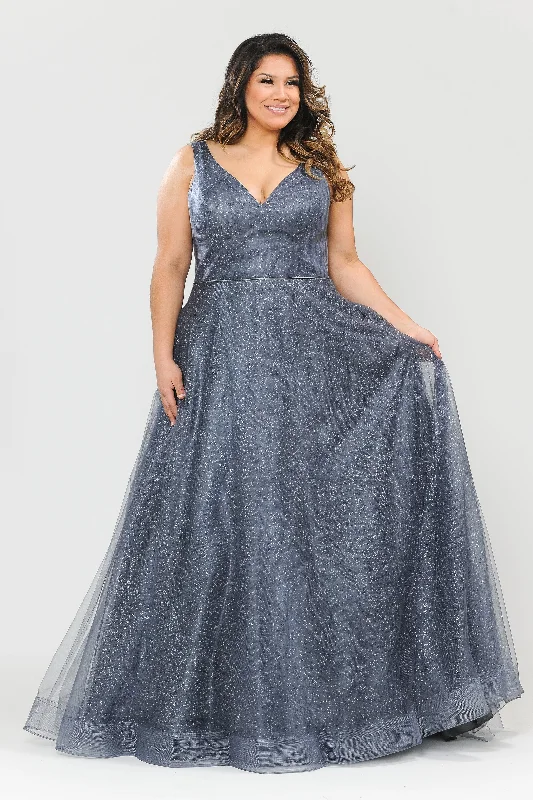 Elegant wedding guest dresses for traditional ceremonies -Plus Size Long V-Neck Glitter Dress by Poly USA W1024