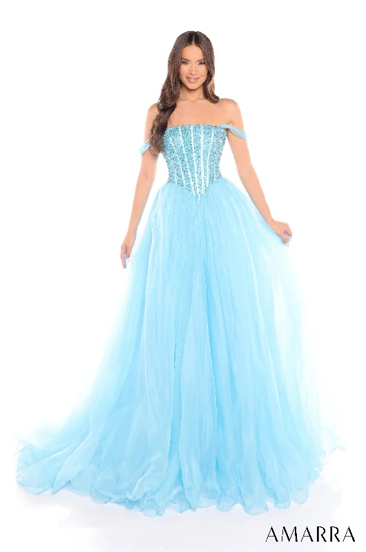 formal dresses for church events with modest hemlines --Organza Off Shoulder A-line Gown by Amarra 88443