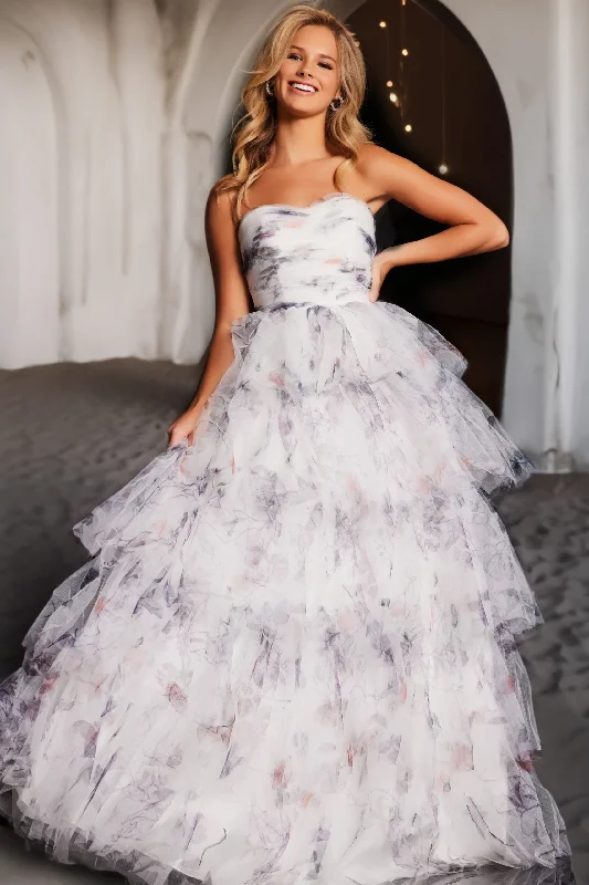 formal dresses with satin fabric for smooth finish --Print Strapless A-line Ruffled Gown by Jovani 38608