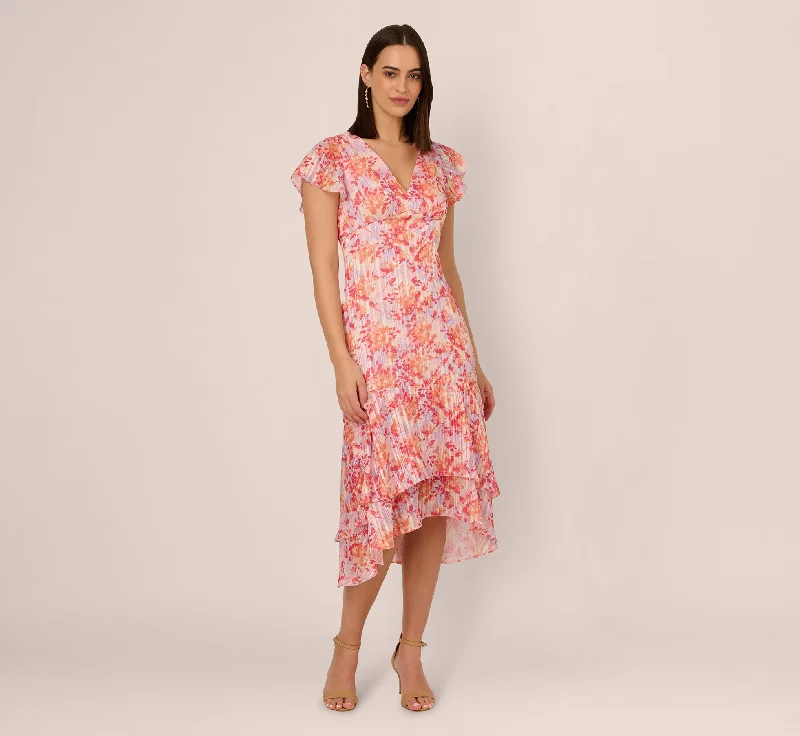 Fun and flirty wedding guest dresses for outdoor parties -Flutter Sleeve Floral Stripe Flounce Midi Dress In Peri Coral Multi