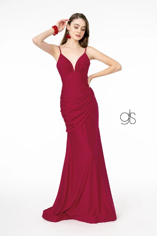 bridesmaid dresses with mesh panels for modern appeal --Ruched Long Fitted Sleeveless Dress by Elizabeth K GL1815