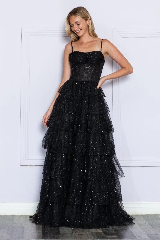 formal dresses with satin fabric for smooth finish --Tiered Sleeveless Corset Sequin Gown by Poly USA 9328