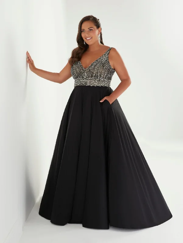 Wedding guest dresses with high-low hemlines for style -Plus Size Beaded Crepe A-line Gown by Tiffany Designs 16961