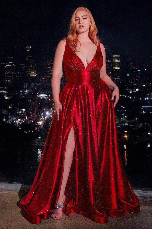 Gorgeous wedding guest dresses that are both fashionable and comfortable -Plus Size Glitter Satin Sleeveless Gown by Ladivine CC2349C