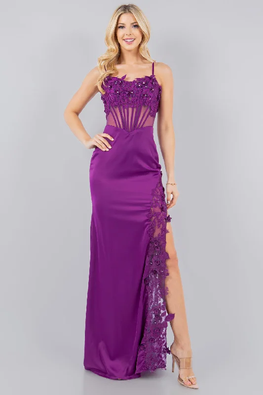 formal dresses for cocktail receptions with fitted bodices --Fitted 3D Floral Sleeveless Slit Gown by Cinderella Couture 8085J