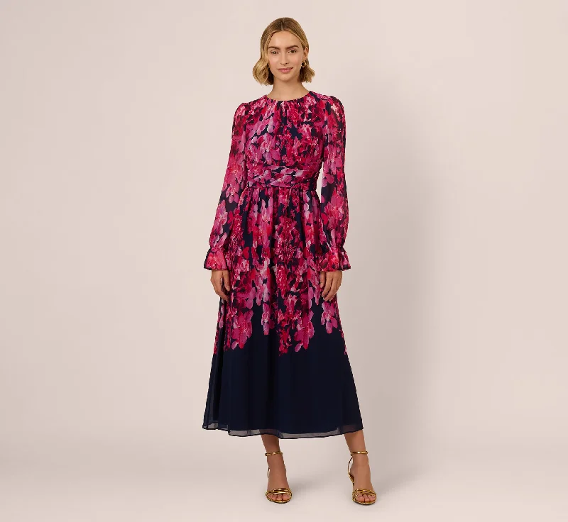 High-neck spring dresses for a refined style -Floral Wrap Waist Ankle Dress In Navy Pink Multi