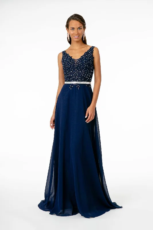 bridesmaid dresses with satin belts for waist definition --Long Illusion V-Neck Dress with Embroidered Top by Elizabeth K GL2653