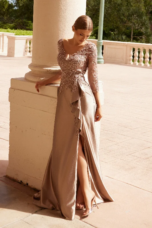 How to accessorize wedding guest dresses for the perfect look -Beaded 3/4 Sleeve Slit Gown by Nox Anabel ME126