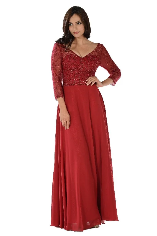 Wedding guest dresses that fit in a casual setting -Embroidered Long V-Neck Dress with Sleeves by Poly USA 7808
