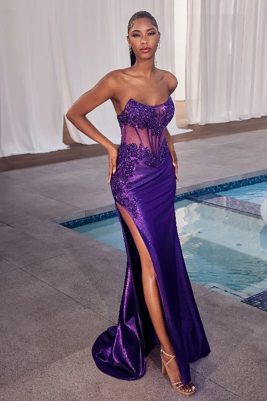 formal dresses with floral embroidery for spring occasions --Fitted Applique Satin Strapless Corset Gown by Ladivine CDS489