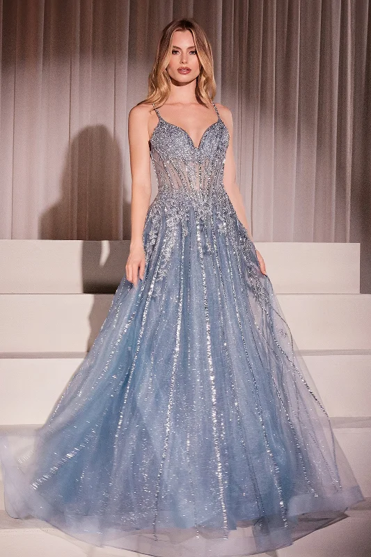 formal dresses with open backs and crisscross straps --Beaded Sleeveless A-line Gown by Ladivine CD786