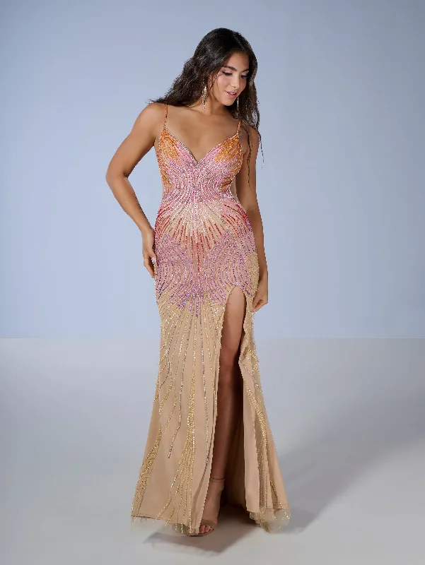 black formal dresses with sequins for cocktail parties --Multicolor Beaded Fitted V-Neck Gown by Tiffany Designs 16225