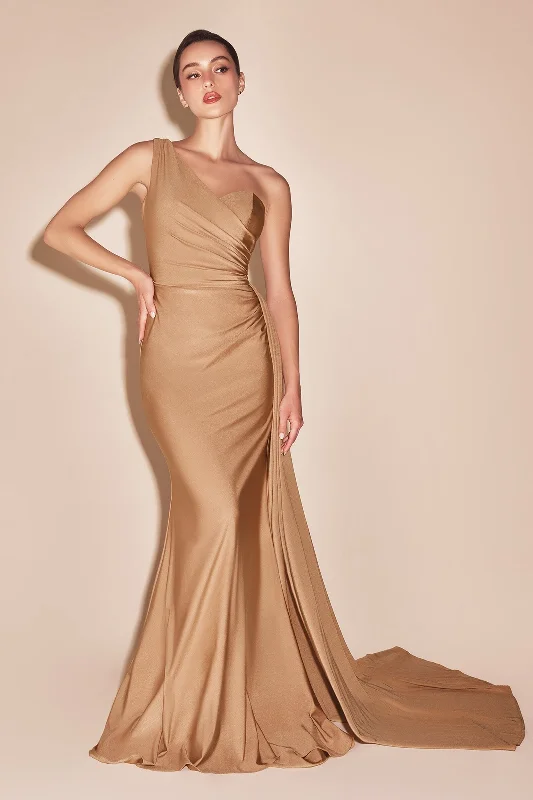 cocktail dresses with sequin skirts for party nights --Long Fitted One Shoulder Satin Dress by Ladivine PT004 - Outlet