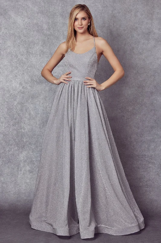 cocktail dresses with chiffon overlays for softness --Long Metallic Glitter Dress with Lace-Up Back by Juliet 204