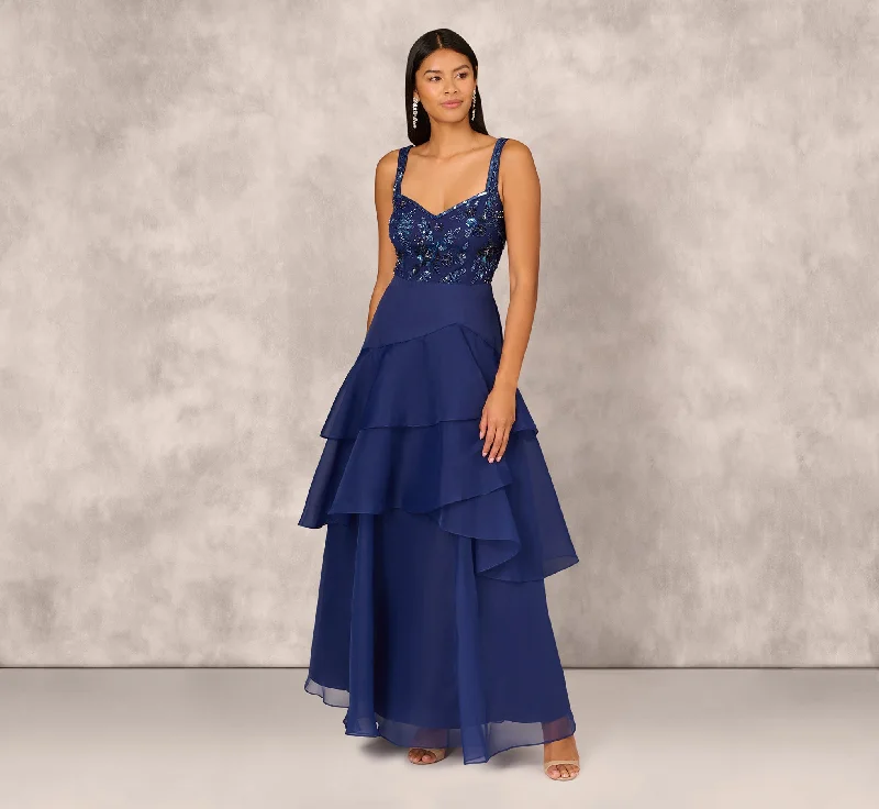 formal dresses for winter balls with faux fur accents --Tiered Organza Gown With Beaded Bodice In Navy