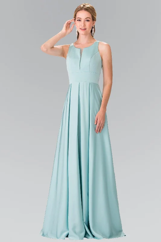 Wedding guest dresses that work for semi-formal weddings -Long Sleeveless Pleated Dress with Sheer Panel by Elizabeth K GL2365