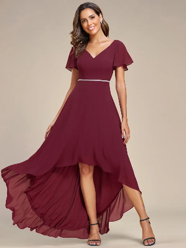 Trendy party dresses with bold prints -High Low Short Sleeve Chiffon Wholesale Evening Dresses