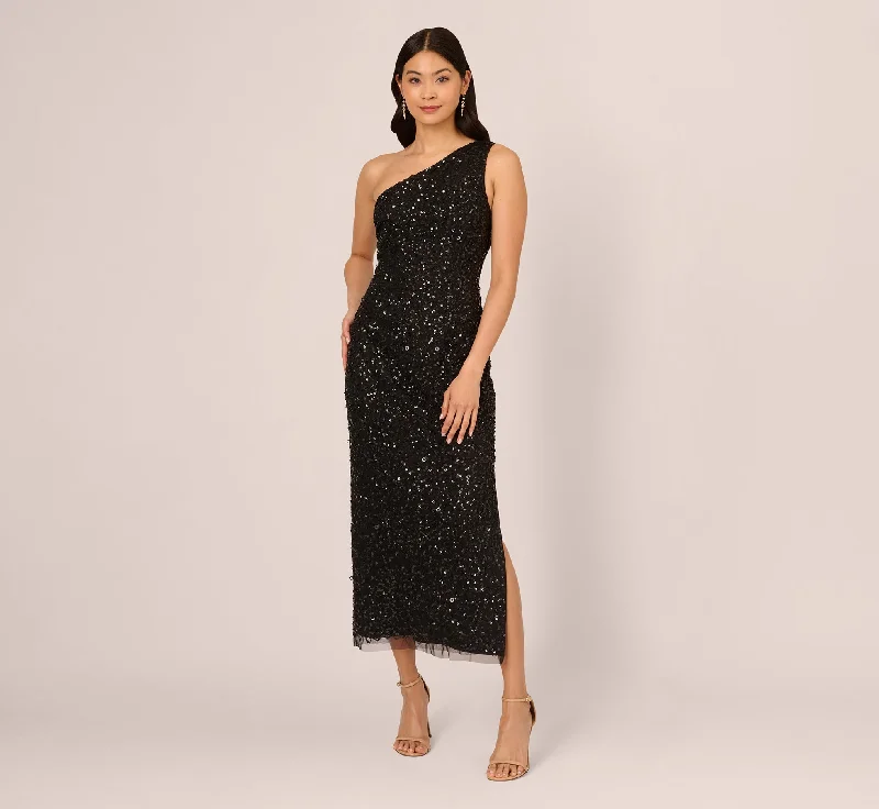 Wedding guest dresses with vintage-inspired designs for a retro look -One Shoulder Sequin Beaded Ankle Length Dress In Black
