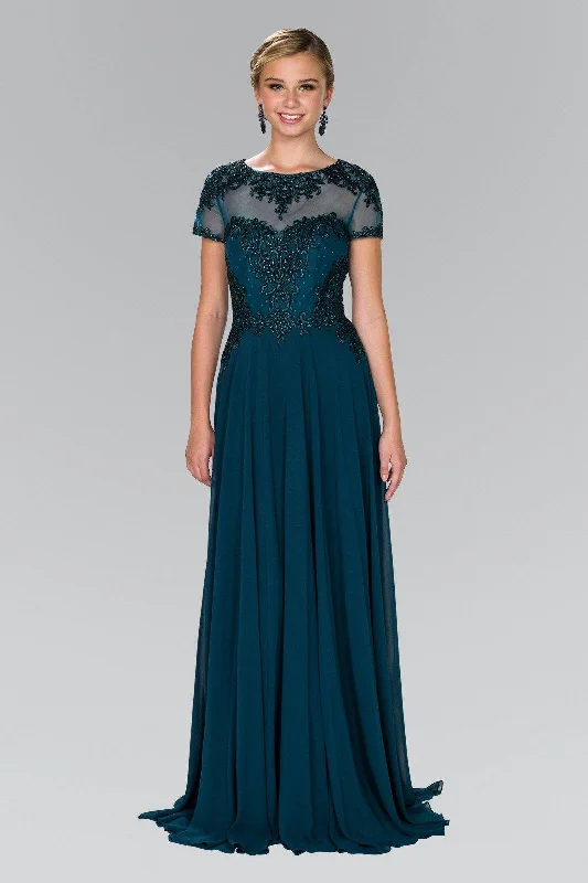 Bold wedding guest dresses in statement colors -Long Embroidered Dress with Short Sleeves by Elizabeth K GL2406