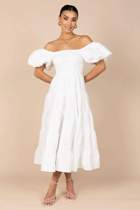 Floral spring dresses for garden parties -Annette Puff Sleeve Shirred Midi Dress - White
