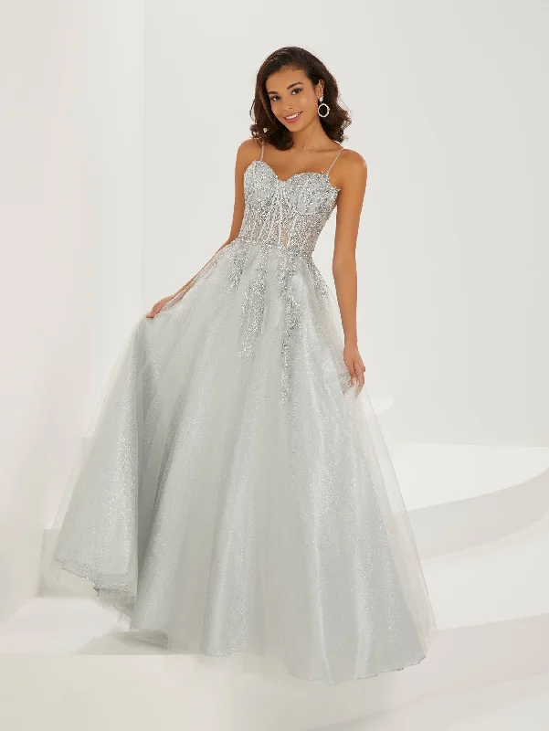 cocktail dresses with embroidered bodices for intricate detail --Applique Glitter Sleeveless Corset Gown by Tiffany Designs 16950