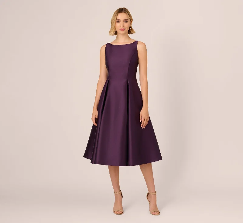 Wedding guest dresses with delicate embroidery for an intricate design -Sleeveless Mikado Fit And Flare Midi Dress With V-Back In Luxe Plum