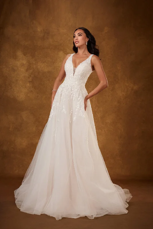 Sophisticated wedding guest dresses for formal ceremonies -Applique Tulle V-Neck Bridal Gown by Abby Lane 97225