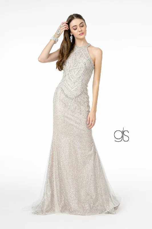 formal dresses with floral appliques for romantic looks --Jeweled High-Neck Glitter Trumpet Dress by Elizabeth K GL1841