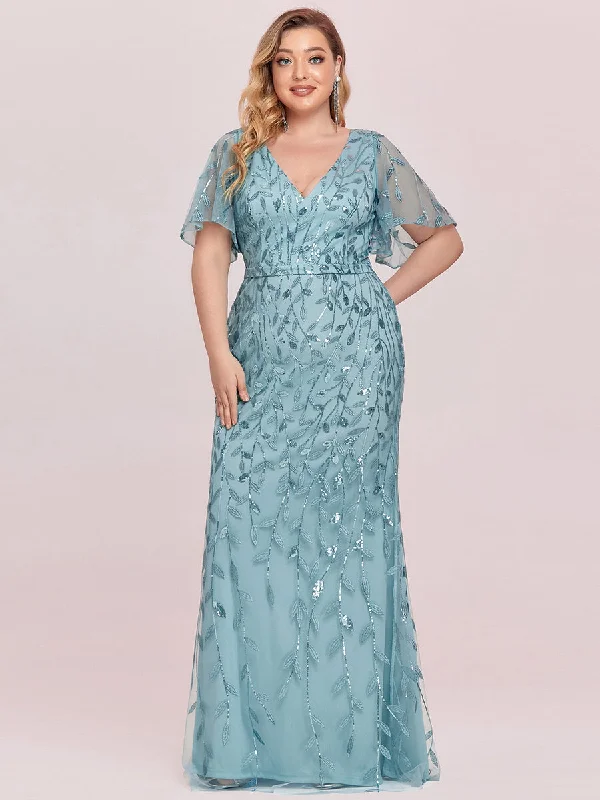Trendy pastel-colored dresses for garden parties -Fashion Plus Size Deep V Neck Wholesale Sequin & Tulle Evening Dress