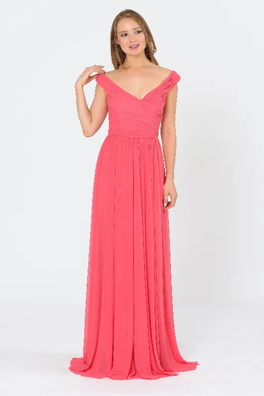Affordable dresses for wedding guests without sacrificing style -Long Ruched Off the Shoulder Dress by Poly USA 8398