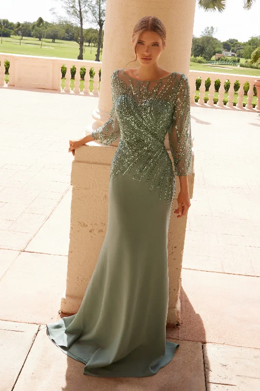 Long wedding guest dresses for formal weddings -Beaded 3/4 Sleeve Gown by Nox Anabel MH137