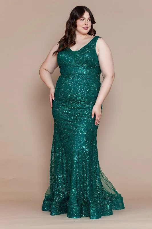 Classic black wedding guest dresses for timeless style -Plus Size Fitted Glitter Print Sleeveless Gown by Poly USA W1136