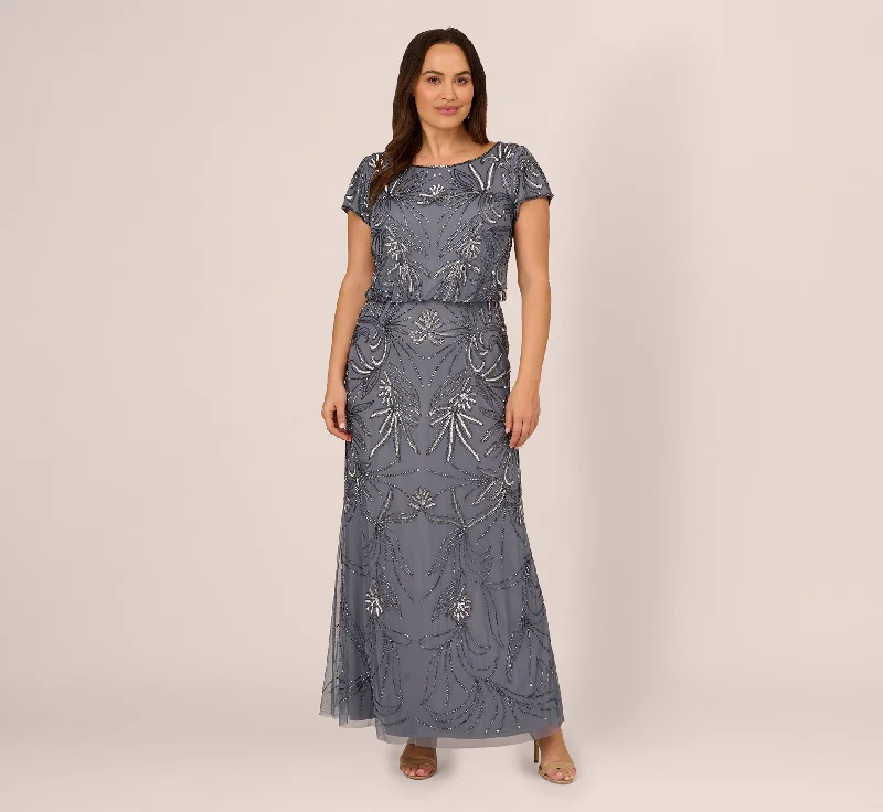 formal dresses with mesh sleeves for subtle coverage --Plus Size Long Beaded Blouson Dress In Dusty Blue