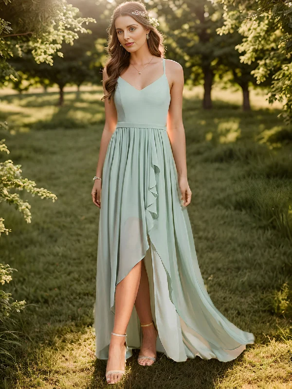 Elegant bohemian party dresses for relaxed events -Spaghetti Straps Slit A-Line Wholesale Chiffon Bridesmaid Dress With Ruffle Detail